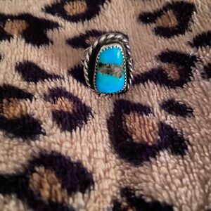 Antique 1930s 1940s turquoise ring set in silver size 8 vintage Navajo ring